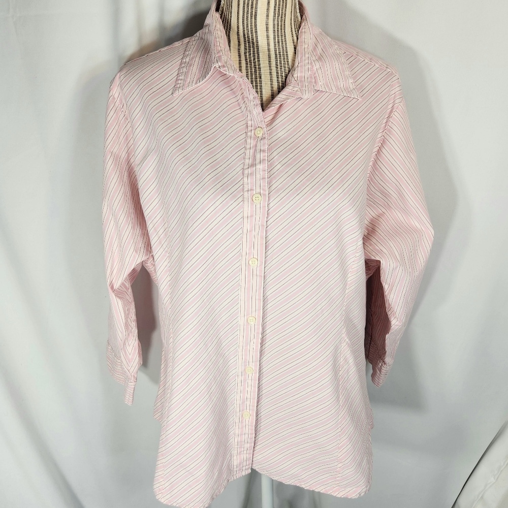 City Elements by Lee Pink & White Diagonal Striped Button Down Top Plus Size 1X